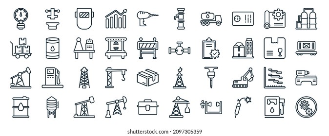 set of 40 flat industry web icons in line style such as press, pushcart, pump jack, oil barrel, product, oil industry, hand pump icons for report, presentation, diagram, web design