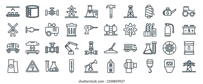 set of 40 flat industry web icons in line style such as storage tank, windmill, tank wagon, energy, oxygen, skid loader, construction tool icons for report, presentation, diagram, web design