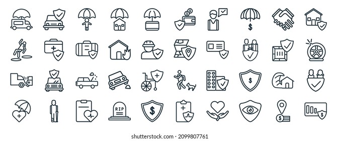 set of 40 flat insurance web icons in line style such as car insurance, falling, side crash, life insurance, delivery real estate deposit icons for report, presentation, diagram, web design