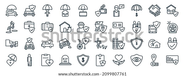 set\
of 40 flat insurance web icons in line style such as car insurance,\
falling, side crash, life insurance, delivery real estate deposit\
icons for report, presentation, diagram, web\
design