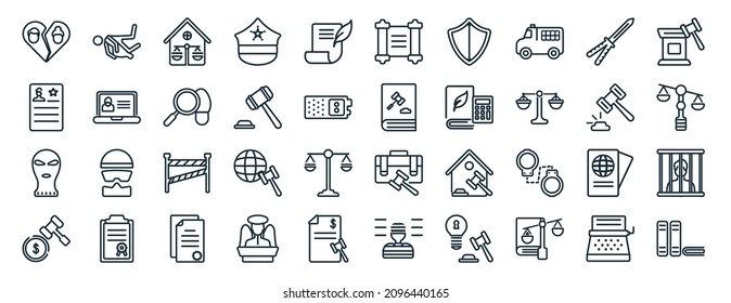 set of 40 flat law and justice web icons in line style such as murder, criminal record, balaclava, bankruptcy, case closed, court trial, scroll with law icons for report, presentation, diagram, web