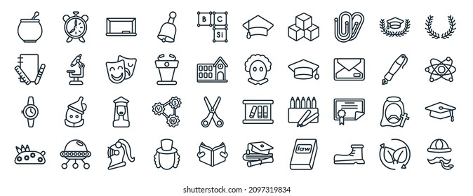 set of 40 flat literature web icons in line style such as alarm clock, school material, watch, pencil case, pen, laurel wreath, graduation cap icons for report, presentation, diagram, web design