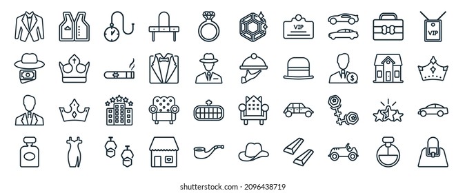 set of 40 flat luxury web icons in line style such as vest suit, ganster, business man, fragance, cottage, vip pass, ruby icons for report, presentation, diagram, web design