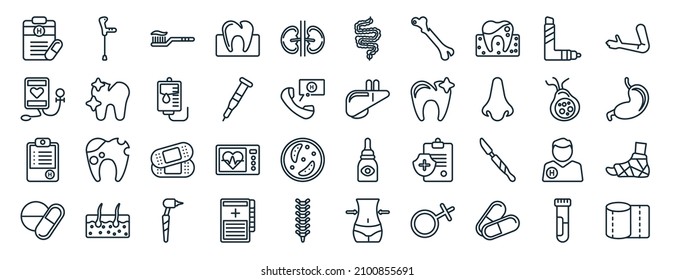 set of 40 flat medical web icons in line style such as crutch, blood pressure, medical history, drugs, bacteria, arm, intestines icons for report, presentation, diagram, web design
