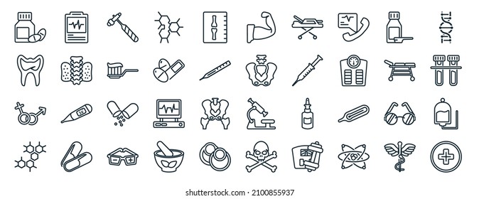 set of 40 flat medical web icons in line style such as diagtic, molar tooth, united heterosexual, molecular structure, table of treatments, medical chain of dna, strong icons for report,