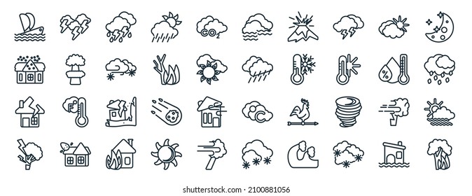 conjunto de 40 iconos web de meteorología plana en estilo de línea como trueno, nevado, casa rota, árbol roto por trueno, humedad, fases lunares, iconos de niebla para informes, presentación, diagrama, web