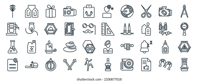 set of 40 flat miscellaneous web icons in line style such as granary, wringer, alchemy, paperclip attachment, flame thrower, school compass, thinking solutions icons for report, presentation,