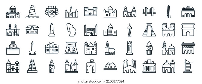 set of 40 flat monuments web icons in line style such as great mosque of samarra, gat of india, castle the holy angel in rome, spain, notre dame cathedral, alcala gate, badshahi mosque icons for