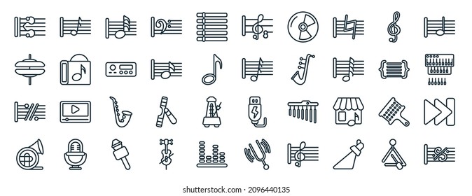 set of 40 flat music and media web icons in line style such as semiquaver, cymbal, simile, french horn, bracket, quarter note, octave icons for report, presentation, diagram, web design