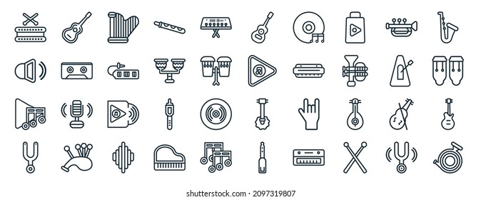 set of 40 flat music web icons in line style such as guitar, volume, music, diapason, metronome, saxophone, acoustic icons for report, presentation, diagram, web design