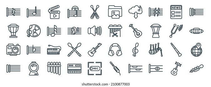 conjunto de 40 iconos web de música plana en estilo de línea como media nota, timpani, cámara de fotos, línea de doble barra negrita, diapasón, repetición, iconos de archivo de imágenes para informe, presentación, diagrama, diseño web
