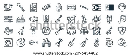 set of 40 flat music web icons in line style such as bladder pipe, music control tings button, music note black, vinyls, old drum, boy with headphones, sheet icons for report, presentation, diagram,