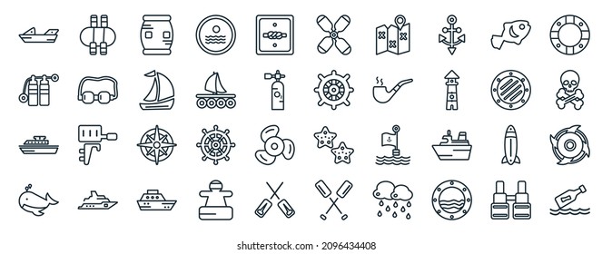 set of 40 flat nautical web icons in line style such as rubber raft, aqualung, cruise ship, whale, submarine window, life preserver, double paddle icons for report, presentation, diagram, web design