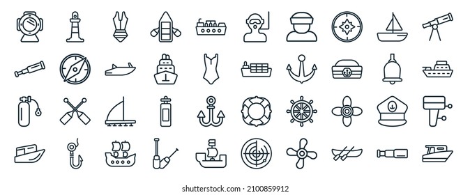 set of 40 flat nautical web icons in line style such as smeatons tower, antique telescope, air tank, watercraft, boat bell, boat telescope, diver icons for report, presentation, diagram, web design