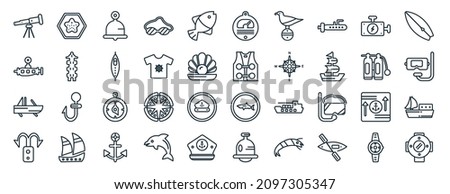 set of 40 flat nautical web icons in line style such as big starfish, submarine facing right, roofless speed boat, bait, double air tank, suroard, barometer icons for report, presentation, diagram,