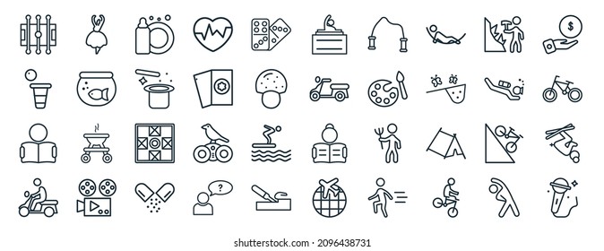 conjunto de 40 actividades al aire libre planas iconos web en estilo de línea como bailarina, pong de cerveza, lectura de niños, motociclismo, buceo, recolección, iconos de jockey de disco para informes, presentación, diagrama, web