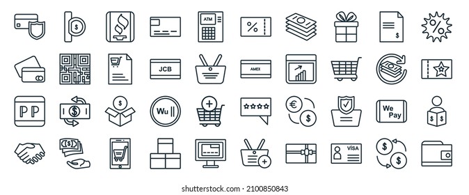 set of 40 flat payment web icons in line style such as insert coin, card payment,  , trade, refund, discount, coupon icons for report, presentation, diagram, web design