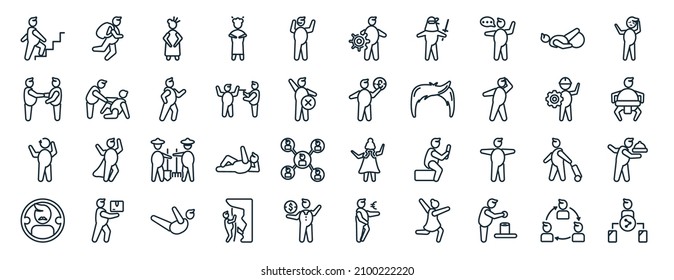 set of 40 flat people web icons in line style such as backpacker running, meeting date, rethink, masculine avatar, constructor, pierrot, layer working icons for report, presentation, diagram, web