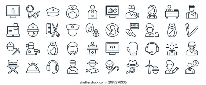 set of 40 flat professions web icons in line style such as archeologist, cashier, miner, director, stewardess, athlete, computer systems analyst icons for report, presentation, diagram, web design