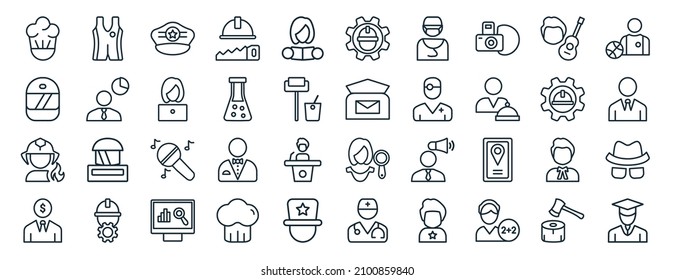 set of 40 flat professions web icons in line style such as wrestling, racer, firefighter, financial manager, mechanical engineer, basketball player, civil engineer icons for report, presentation,
