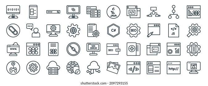 set of 40 flat programming web icons in line style such as app, hyperlink, seo and web, game development, js, seo growth,   icons for report, presentation, diagram, web design