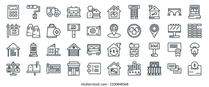 Satz von 40 flachen Web-Icons in Linienform wie Malerwalze, zum Verkauf, Lagerhaus, juridische, Plakatwand, Pläne, Hausdekorationssymbole für Bericht, Präsentation, Diagramm, Web-Design