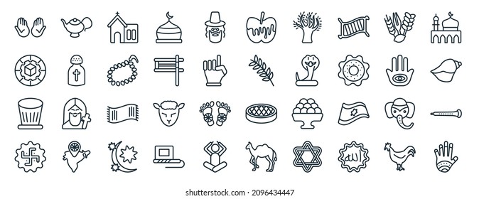 set of 40 flat religion web icons in line style such as genie lamp, qibla, tablas, swastica, hamsa hand, medina, and honey icons for report, presentation, diagram, web design