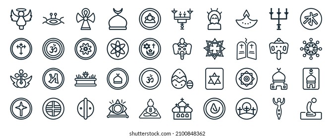 set of 40 flat religion web icons in line style such as pastafarianism, christian, heresy, holy star, holy elephant, confucianism, menorah icons for report, presentation, diagram, web design