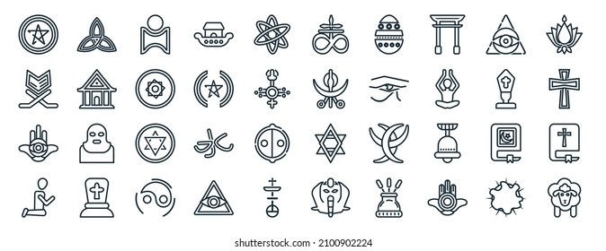 set of 40 flat religion web icons in line style such as holy trinity, koran, hamsa, muslim, pope, ayyavazhi, satanic church icons for report, presentation, diagram, web design