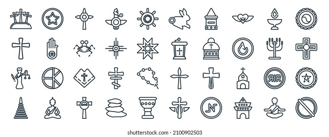 set of 40 flat religion web icons in line style such as anglican, christianity, goddess, wat phrakaew, menorah, zen, easter bunny icons for report, presentation, diagram, web design