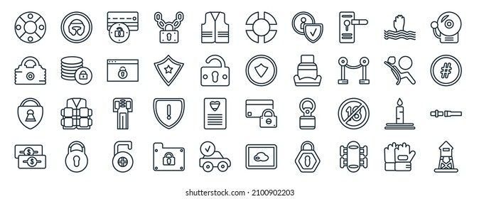 set of 40 flat security web icons in line style such as boxing helmet, big lock, padlocks, two dollar bills, airbag, emergency bell, lifeguard float icons for report, presentation, diagram, web