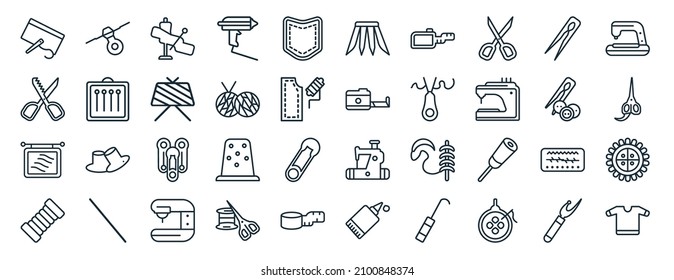 set of 40 flat sew web icons in line style such as threads, pinking shears, handloom, hand craft, sewing tools, sewing clip art, pleat icons for report, presentation, diagram, web design