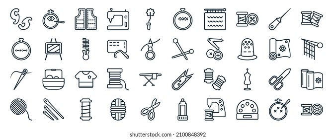 set of 40 flat sew web icons in line style such as needlepoint, stitches, needles, yarn, fabrics, spool, embroidery hoop icons for report, presentation, diagram, web design