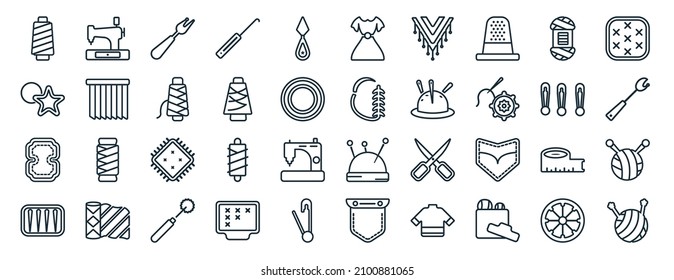 set of 40 flat sew web icons in line style such as old sewing hine, sewing marker, leather, pins, of pins, stiching, styling icons for report, presentation, diagram, web design