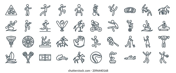 set of 40 flat sport web icons in line style such as racewalking, canoe sport, paragliding, sailboat sport, diving horseball, unicycling hockey icons for report, presentation, diagram, web design