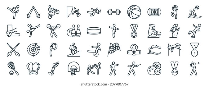 set of 40 flat sports web icons in line style such as foil, sprained ankle, saber, squash, biathlon, waterpolo, weighted bars icons for report, presentation, diagram, web design