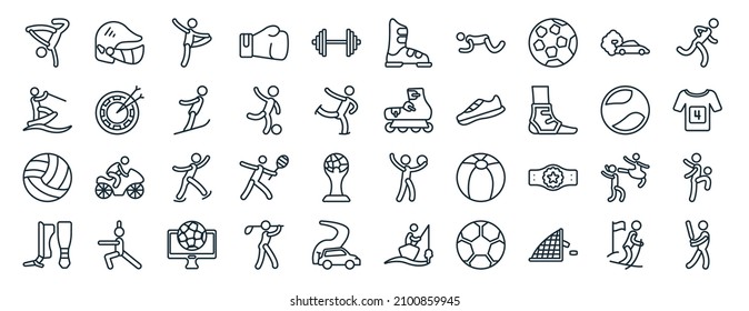 set of 40 flat sports web icons in line style such as baseball helmet, jet surfing, volleyball ball, shin guards, tennis sport ball, man sprinting, ski boots icons for report, presentation, diagram,