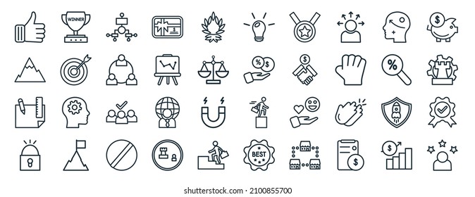 set of 40 flat startup web icons in line style such as winner, peak, de, open padlock, rate, piggybank, bulb icons for report, presentation, diagram, web design