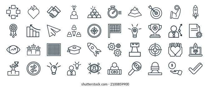 conjunto de 40 iconos web de éxito plano en estilo de línea como pasión, recursos, visión, éxito, elección de estrategia, inicio, iconos rápidos para informes, presentación, diagrama, diseño web