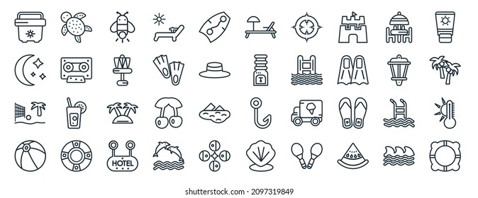 set of 40 flat summer web icons in line style such as sea turtle, moon, beach volleyball, beach ball, lantern, sunscreen, sunbed icons for report, presentation, diagram, web design