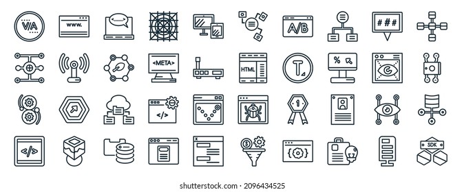 set of 40 flat technology web icons in line style such as web apps, multichannel marketing, devops, front end, impressions, data modelling, structural elements icons for report, presentation,
