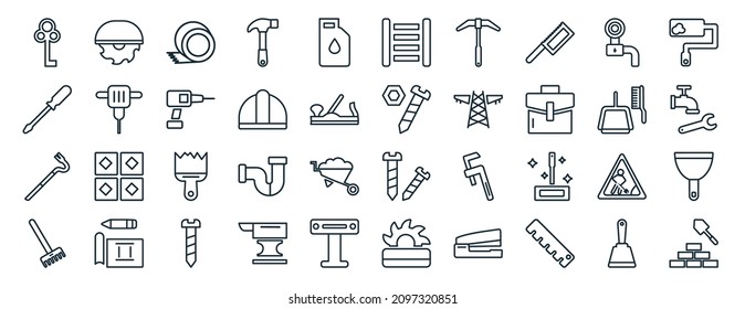 set of 40 flat tools web icons in line style such as circular saw, repair screwdriver, crowbar, gardening rake, dustpan and brush, painter roller, ladder icons for report, presentation, diagram, web