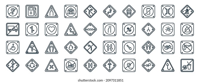 set of 40 flat traffic signs web icons in line style such as gas station, no trucks, handicap, no straight, laser, end motorway, right reverse bend icons for report, presentation, diagram, web
