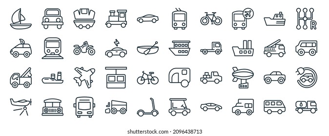 40 flache Web-Icons im Linienstil wie Geländewagen, umweltfreundlicher Transport, Schleppwagen, Erntestauber, Feuerwehrwagen, Getriebe, Oberleitungsbussymbole für Bericht, Präsentation, Diagramm, Web