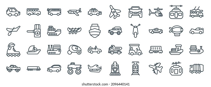 set of 40 flat transportation web icons in line style such as airport shuttle, dugout canoe, inline skates, off road, dirigible, trolleybus, military airplane icons for report, presentation,