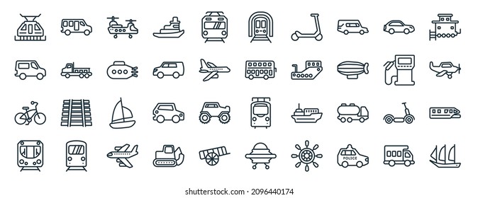 Satz von 40 flachen Web-Icons im Linienstil wie Minibus, Minivan, Vintage-Fahrrad, Metro, Kraftstoffspender, Kaboose, Zug in einem Tunnel-Symbole für Bericht, Präsentation, Diagramm, Web-Design