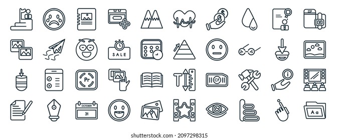 set of 40 flat user interface web icons in line style such as up side, curve left arrow, wait cursor, exit full screen arrows, mouse arrow, pointing up arrow, curve line icons for report,