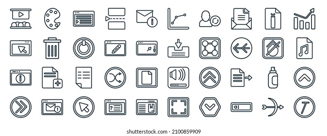 set of 40 flat user interface web icons in line style such as painter palette, direct selection, information button, right button, no protection, increasing bars graphic, line dot chart icons for