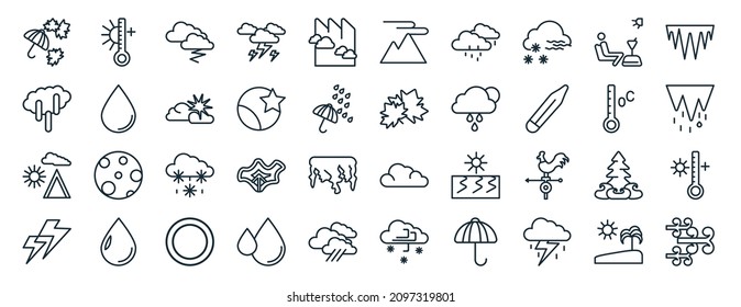 set of 40 flat weather web icons in line style such as warm, precipitation, indian summer, lightning, celsius, icy, aurora icons for report, presentation, diagram, web design