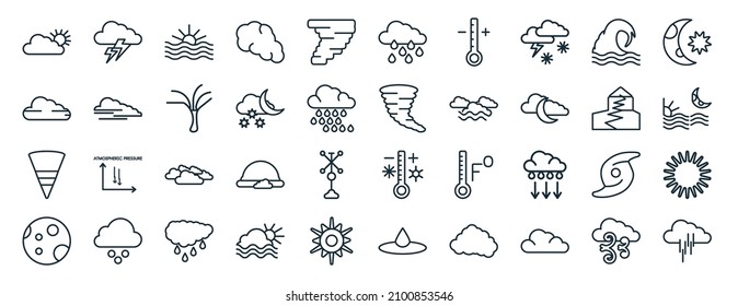 Set Of 40 Flat Weather Web Icons In Line Style Such As Light Bolt, Foggy Day, Typhoon, New Moon, Earthquake, Starry Night, Rainy Day Icons For Report, Presentation, Diagram, Web Design